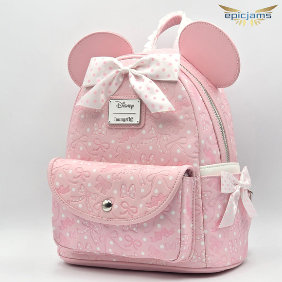Loungefly Disney Minnie Mouse Debossed Bows Pink Mini Backpack Bag New - Picture 3 of 5